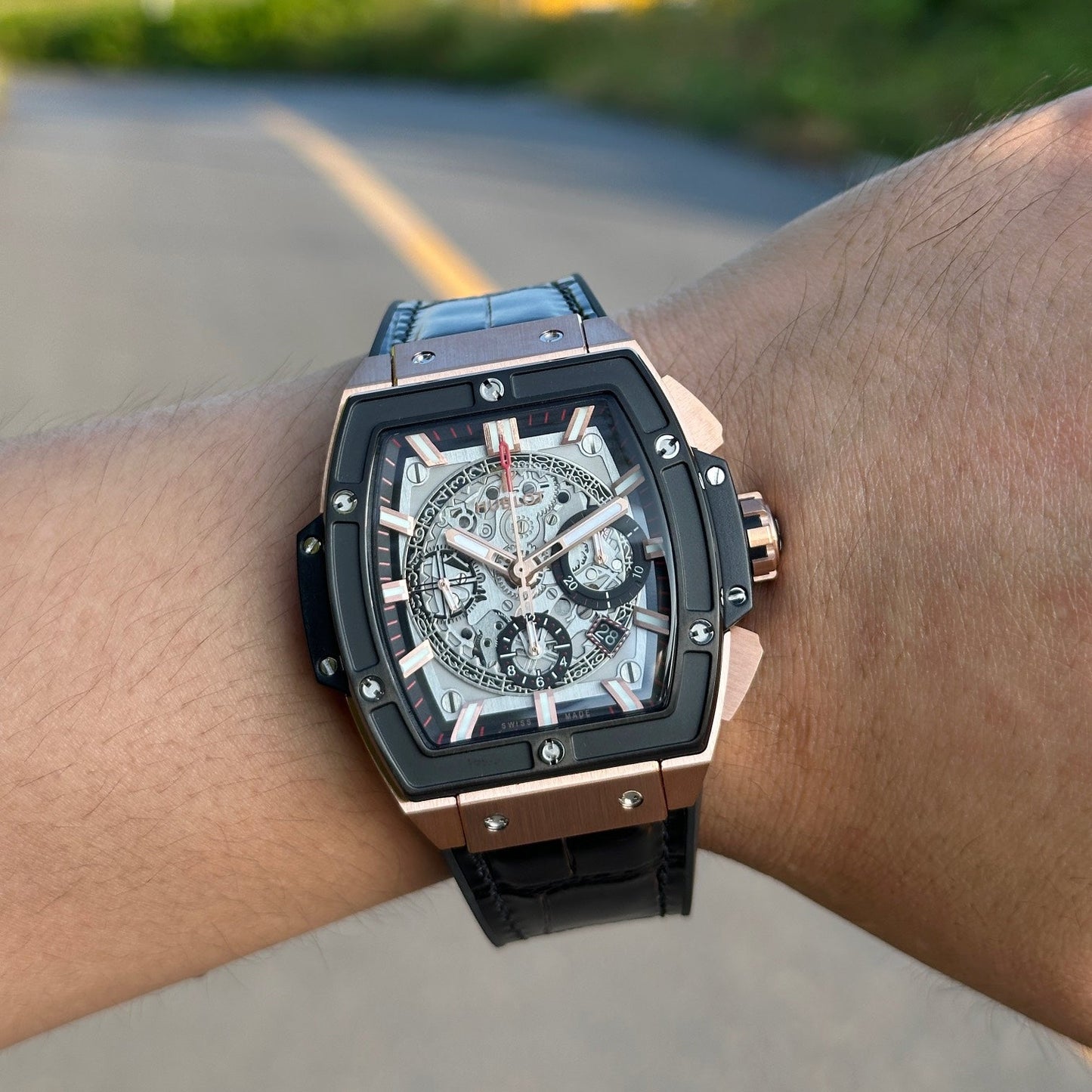 Chronograph -Rosegold Black - Black Leather - Automatic - 45mm