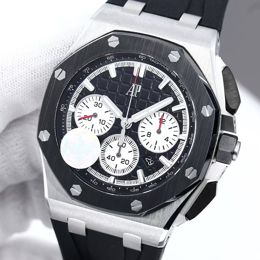 Chronograph- Panda face -Black Ceramic- Black Rubber - Automatic - 44mm