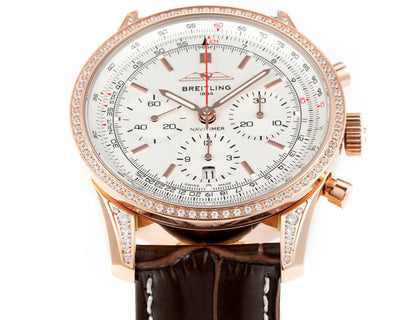 Chronograph - Rhinestone bezel - Rosegold White - N-Timer - Brown Leather - Automatic - 43mm