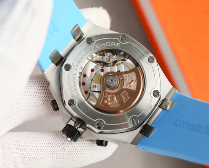 Chronograph - Baby blue White Ceramic Bezel - Blue Rubber - Automatic - 42mm