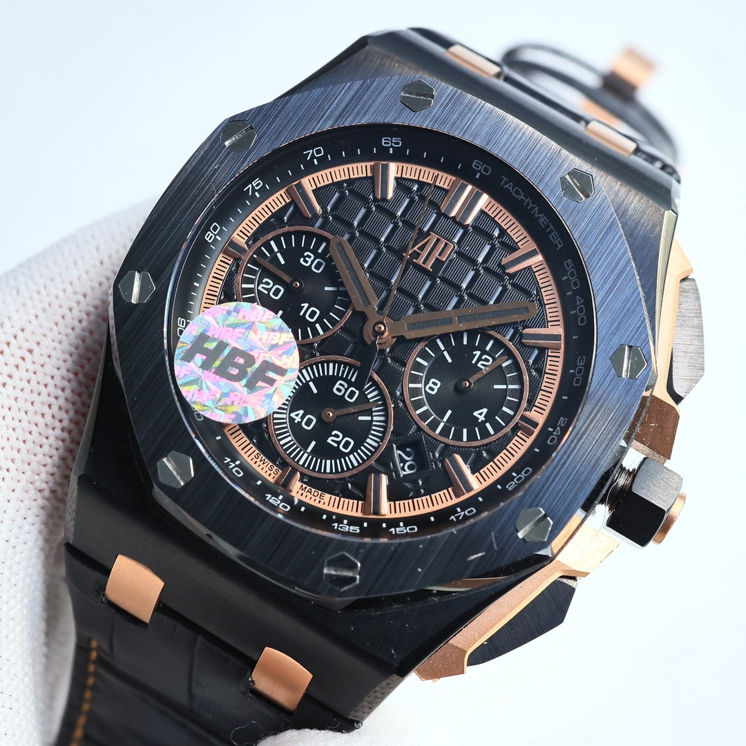 TOP! Rosegold Black Ceramic Bezel - Black Leather - Automatic - 44mm