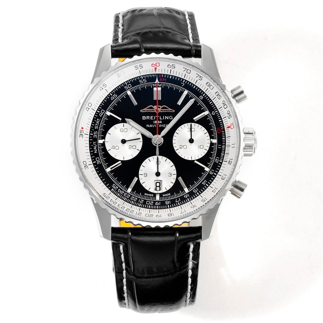 Chronograph - White Ceramic - Black- N-Timer - Black Leather - Automatic - 43mm