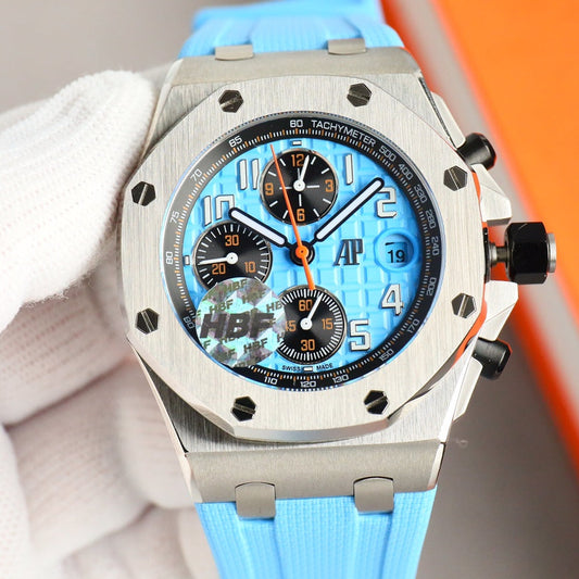 Chronograph - Baby blue White Ceramic Bezel - Blue Rubber - Automatic - 42mm