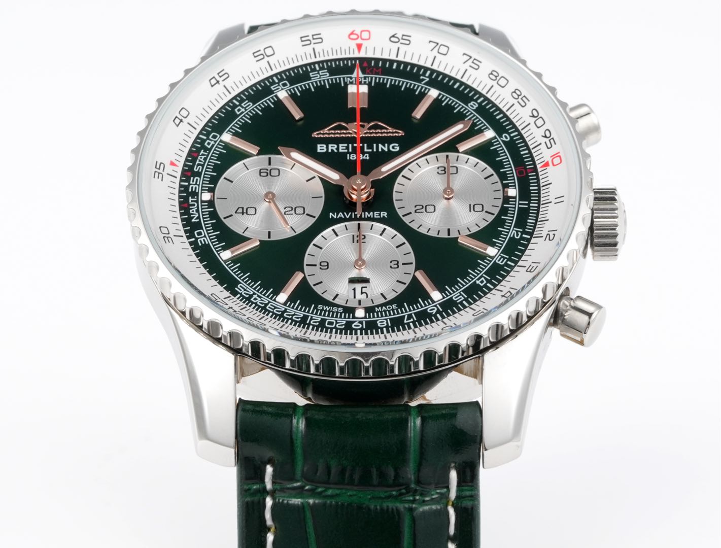 Chronograph - White bezel - Green White - N-Timer - Green Leather - Automatic - 43mm