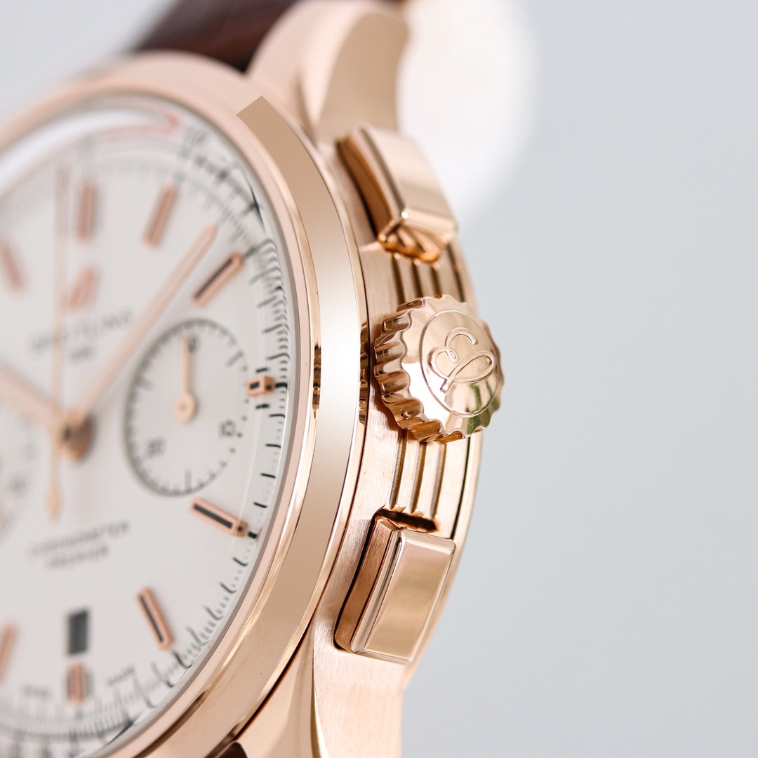 Chronograph -Rosegold White - Brown Leather - Automatic - 42mm