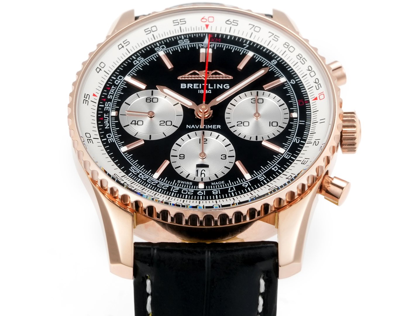 Chronograph - Rosegold White - Black - N-Timer - Black Leather - Automatic - 43mm