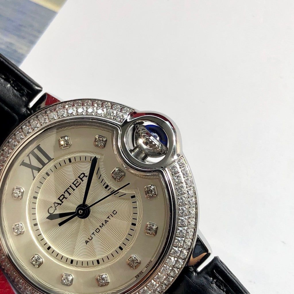 LADY -White Rhinestone Bezel- Black Leather - Quartz - 33mm