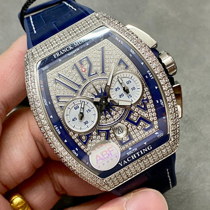 Chronograph - White rhinestone - Blue Leather - Automatic - 44*55mm