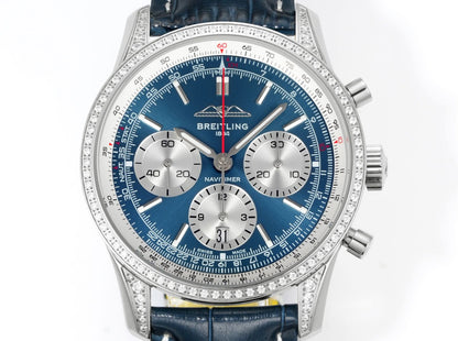 Chronograph - Rhinestone bezel - Blue White - N-Timer - Blue Leather - Automatic - 43mm