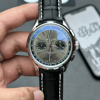 Chronograph - Grey - Black Leather - Automatic - 42mm