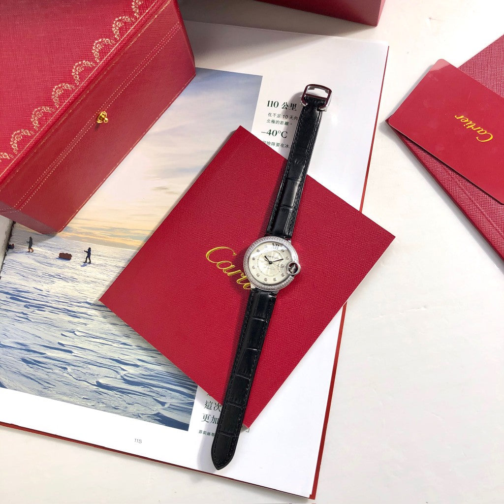 LADY -White Rhinestone Bezel- Black Leather - Quartz - 33mm