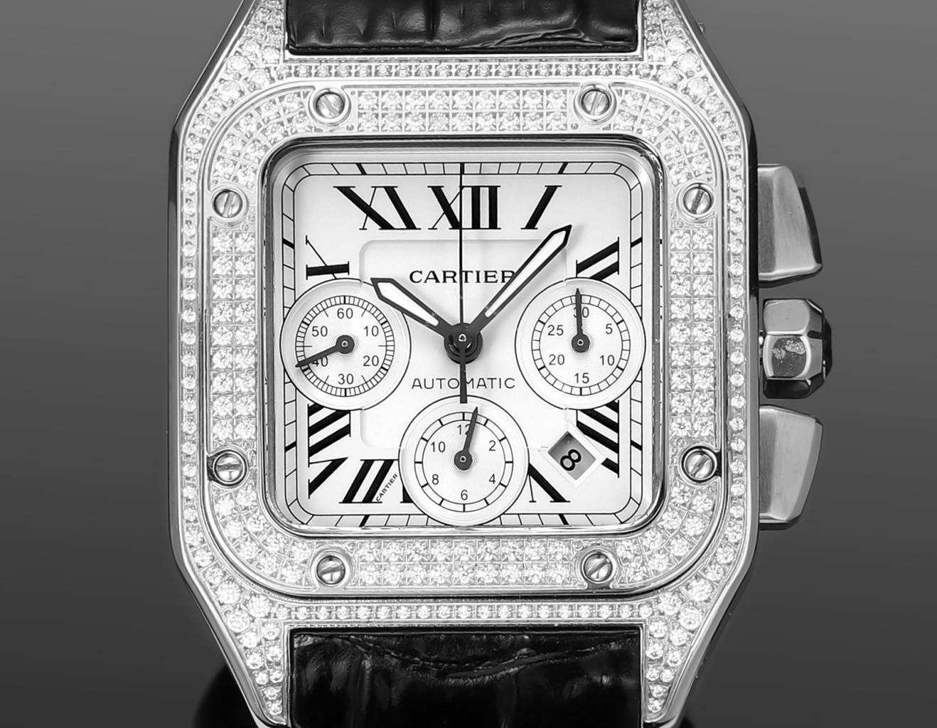 Chronograph - Silver Rhinestone 316L Steel - Black Leather - Automatic - 42mm