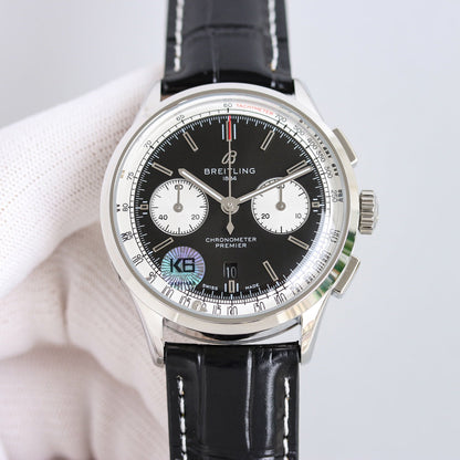 Chronograph -Silver Black - Black Leather - Automatic - 42mm