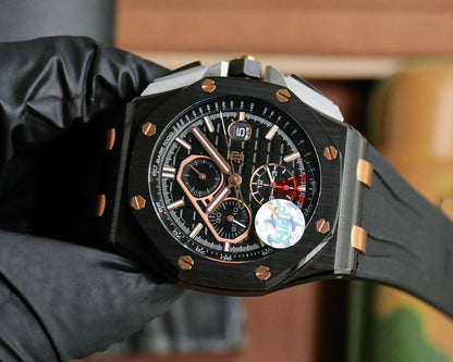 TOP! Chronograph- Rose gold -Black Ceramic- Black Rubber - Automatic - 44mm