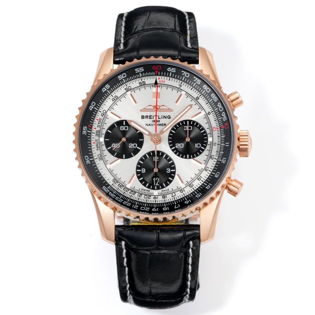 Chronograph - Rosegold bezel - Panda fece - N-Timer - Black Leather - Automatic - 43mm
