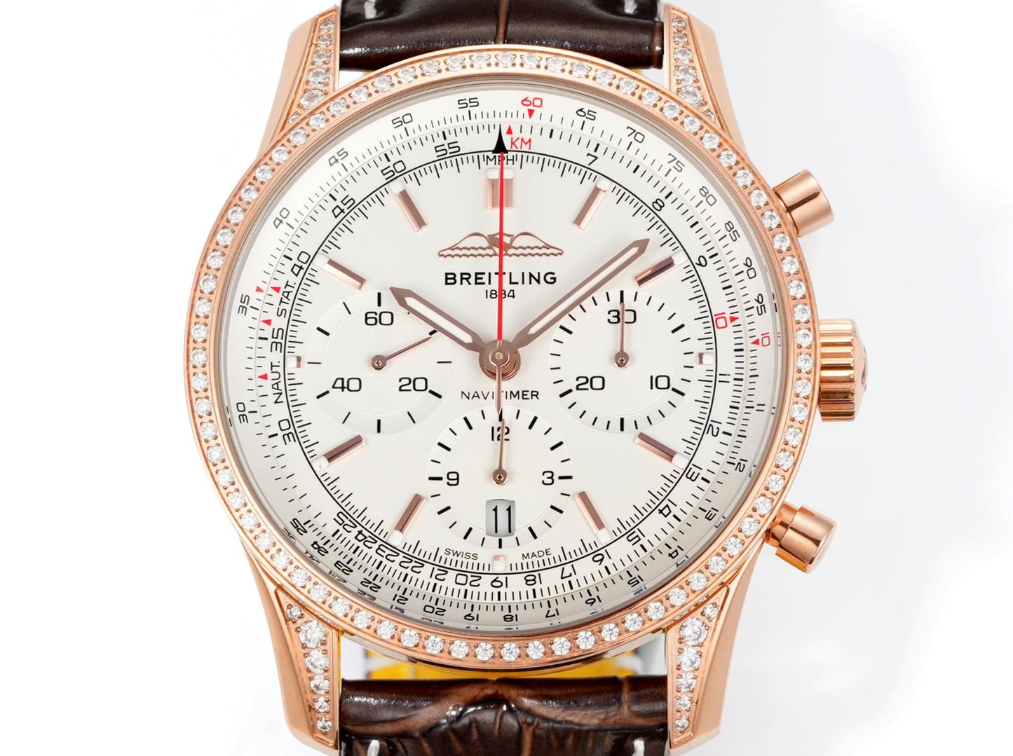 Chronograph - Rhinestone bezel - Rosegold White - N-Timer - Brown Leather - Automatic - 43mm