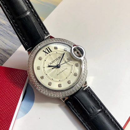 LADY -White Rhinestone Bezel- Black Leather - Quartz - 33mm