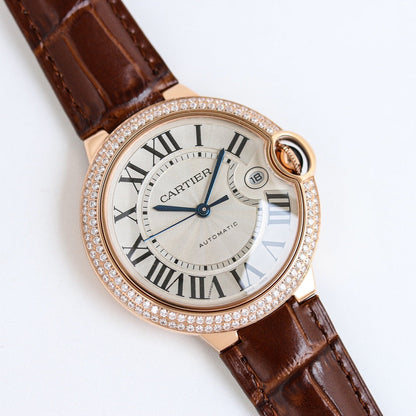 Luxury Diamond Bezel- White Rosegold- Brown Leather - Automatic - 36/42mm