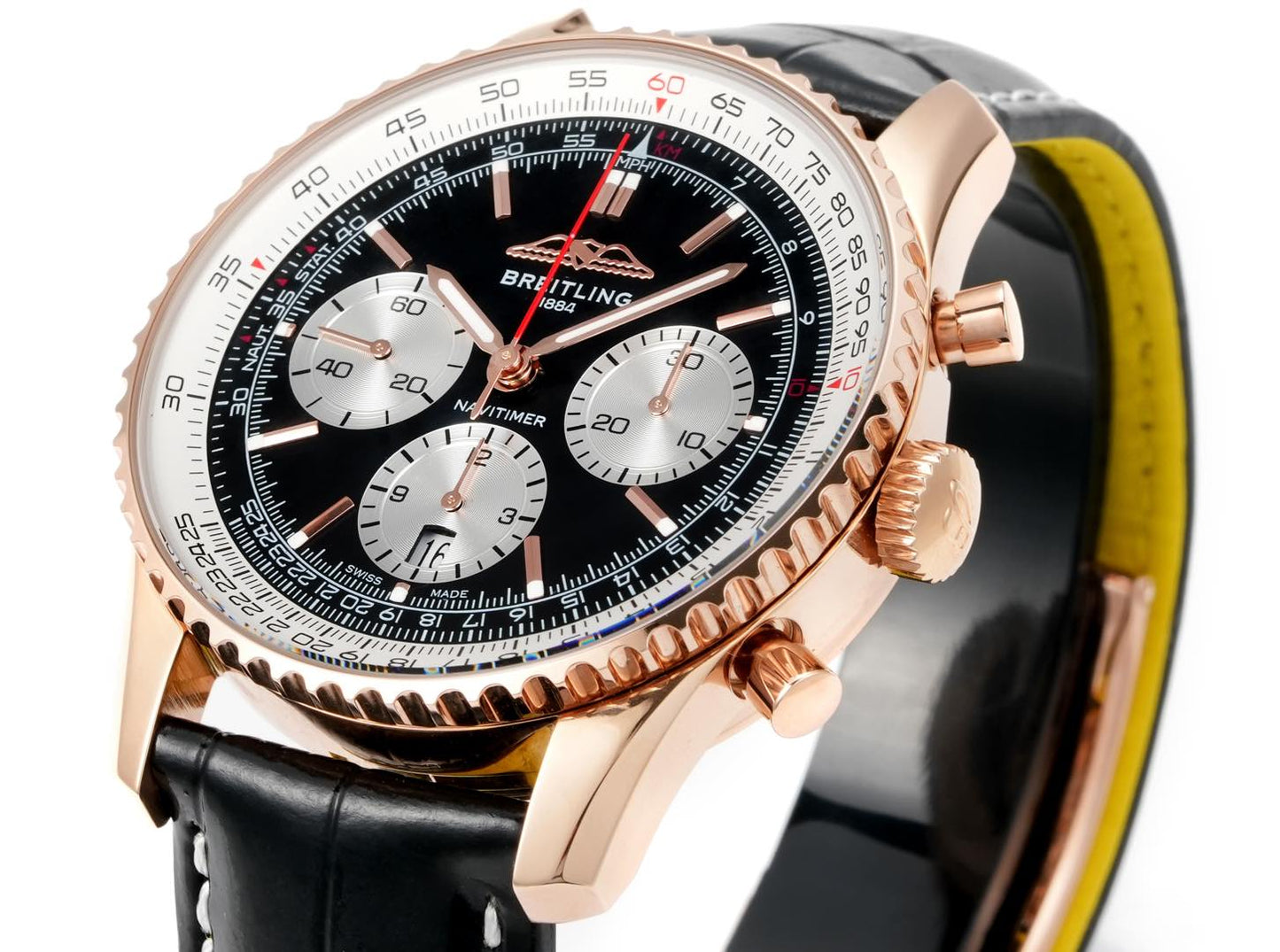 Chronograph - Rosegold White - Black - N-Timer - Black Leather - Automatic - 43mm