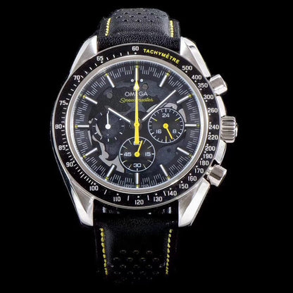 Chronograph -Moon dial - Grey - Black Leather- Quartz - 44mm