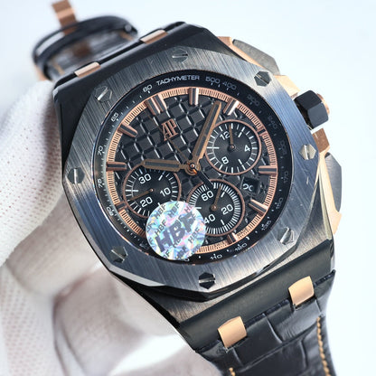 TOP! Rosegold Black Ceramic Bezel - Black Leather - Automatic - 44mm