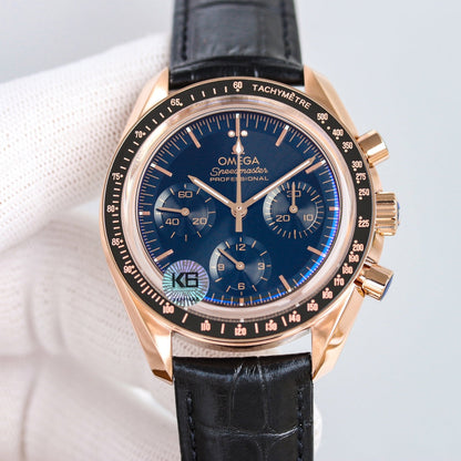 Chronograph -Rosegold- Blue - Black Leather- Automatic - 42mm
