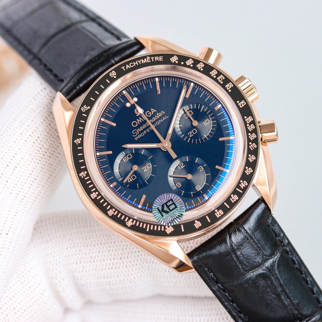 Chronograph -Rosegold- Blue - Black Leather- Automatic - 42mm