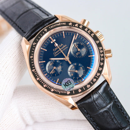 Chronograph -Rosegold- Blue - Black Leather- Automatic - 42mm