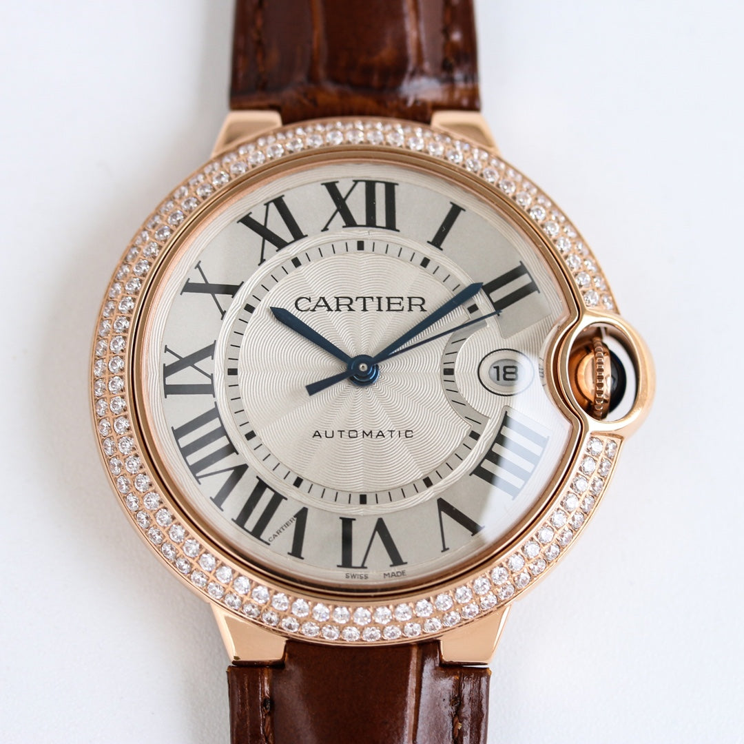 Luxury Diamond Bezel- White Rosegold- Brown Leather - Automatic - 36/42mm