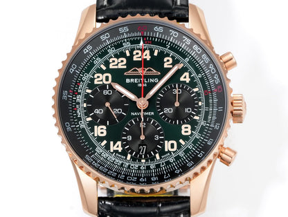 Chronograph - Rosegold bezel - Green Black - N-Timer - Black Leather - Automatic - 43mm