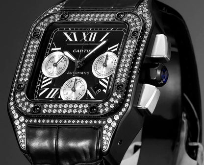 Chronograph - White Rhinestone 316L Steel - Black Leather - Automatic - 42mm