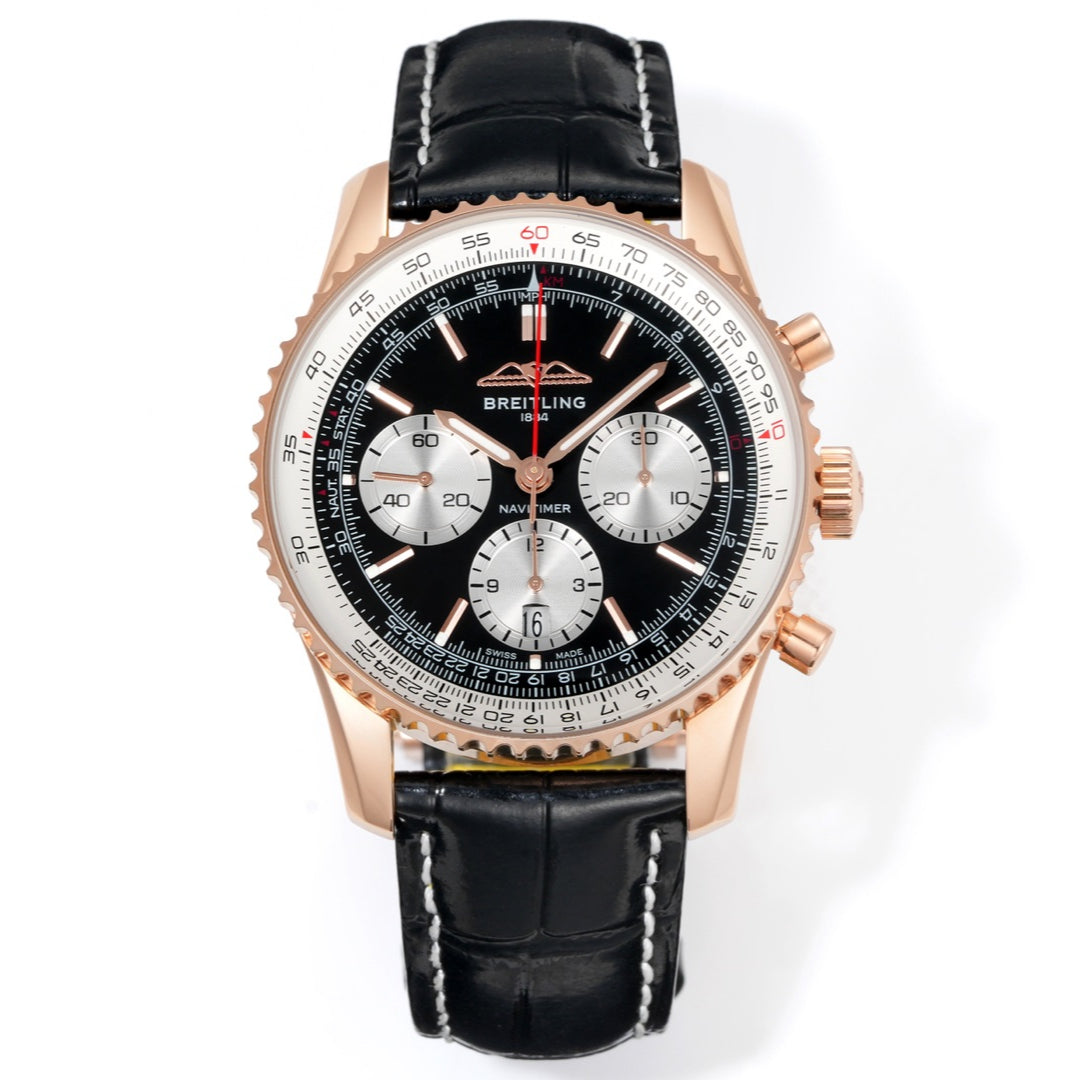 Chronograph - Rosegold White - Black - N-Timer - Black Leather - Automatic - 43mm