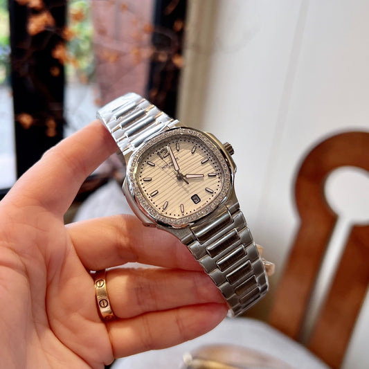 Lady - White - Rhinestones Bezel 316L Steel - Quartz - 35mm