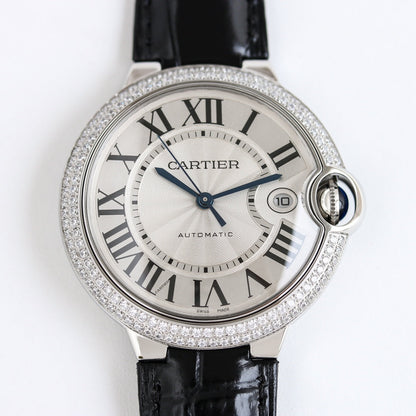 Luxury Diamond Bezel- White Silver- Black Leather - Automatic - 36/42mm