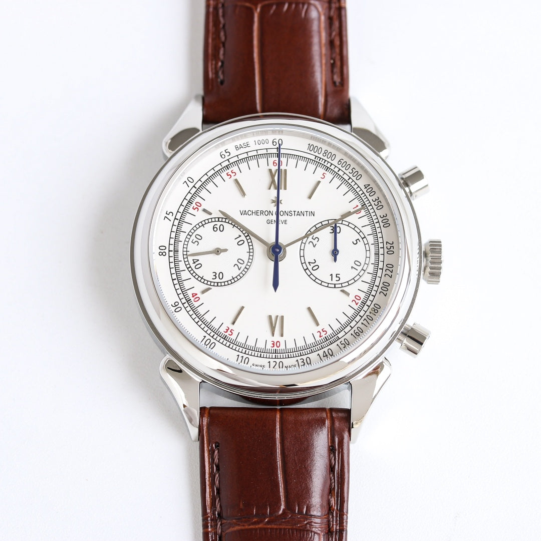 Chronograph - White 904L Steel -Brown Leather - Automatic - 42mm