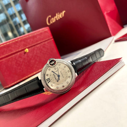 LADY -White Rhinestone Bezel- Black Leather - Quartz - 33mm