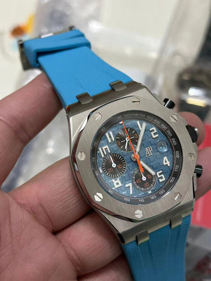 TOP! Baby Blue Silver - Blue Rubber - Automatic - 42mm