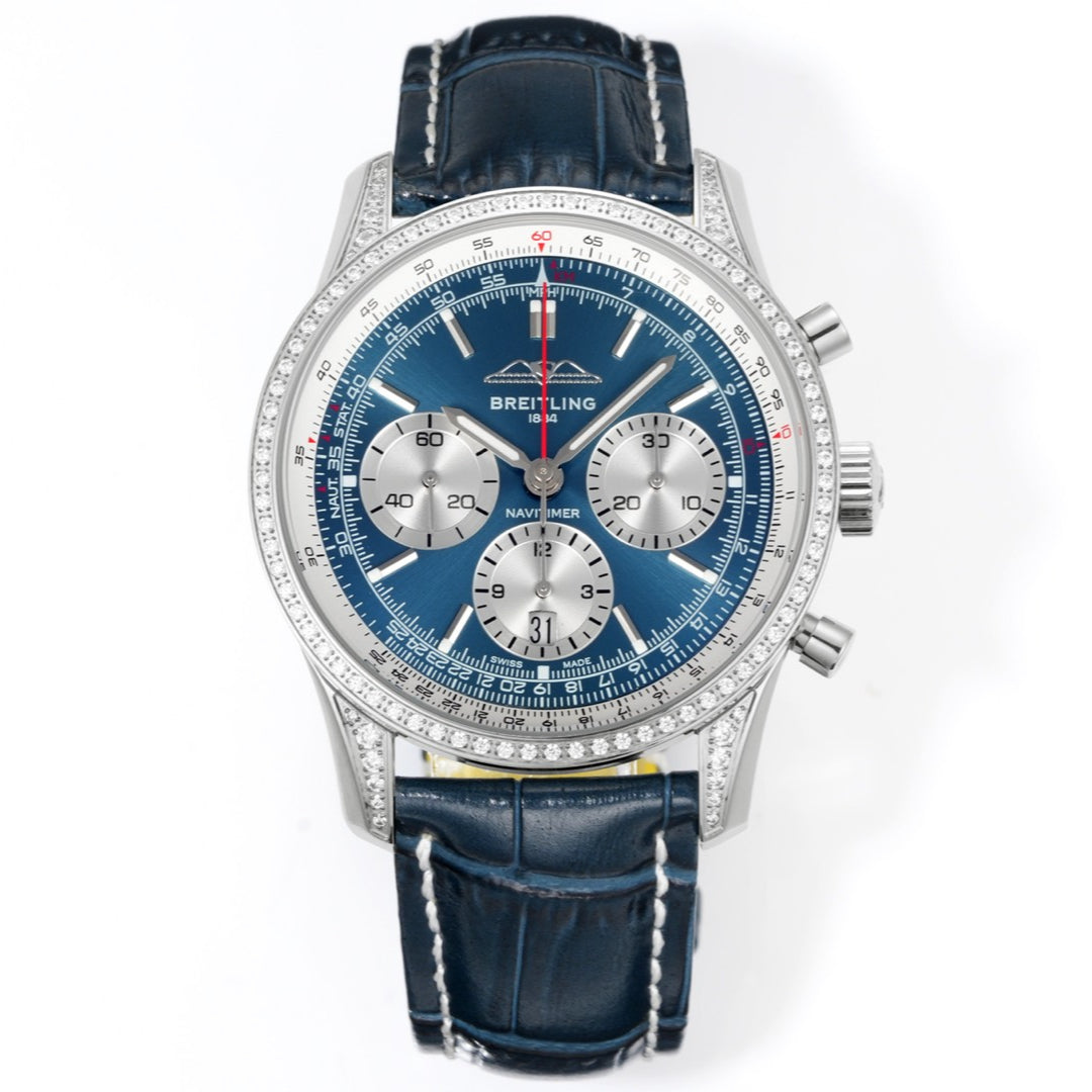 Chronograph - Rhinestone bezel - Blue White - N-Timer - Blue Leather - Automatic - 43mm