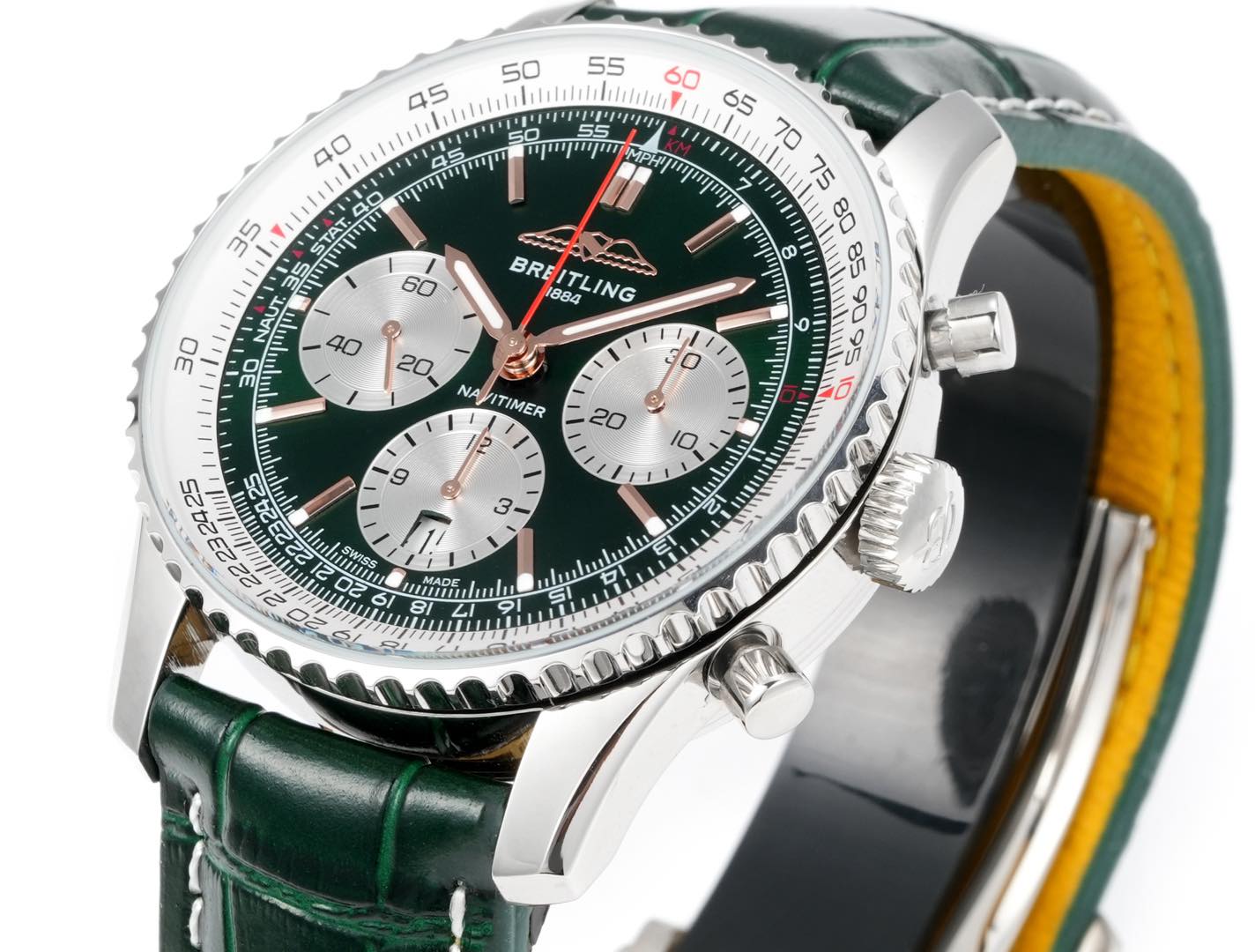 Chronograph - White bezel - Green White - N-Timer - Green Leather - Automatic - 43mm