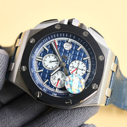 TOP! Blue Black Ceramic Bezel - Blue Leather - Automatic - 44mm
